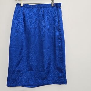 vintage 80s ARGENTI size 12 Floral Silky Satin Knee Length Skirt Royal Blue